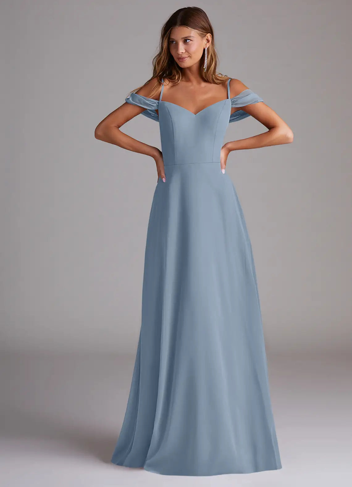 Dusty Blue Cold Shoulder Sweetheart A Line Chiffon Maxi Bridesmaid Dress