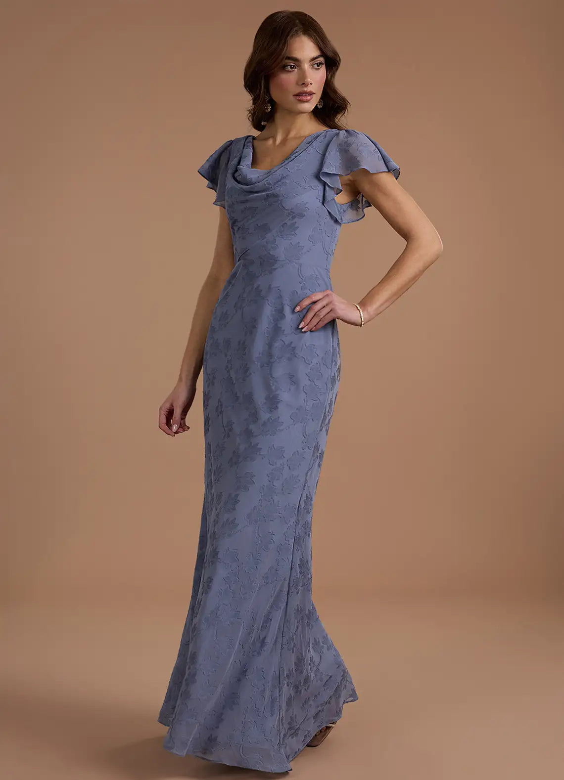 Dusty Blue Cowl Neck Flutter Sleeve Floral Mermaid Maxi Wedding Guest Dress