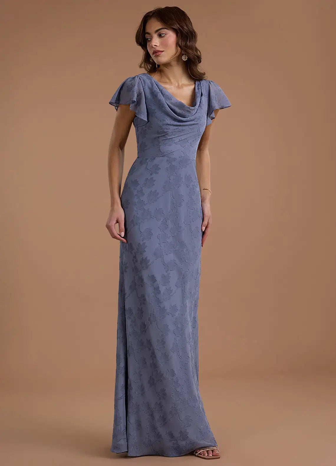 Dusty Blue Cowl Neck Flutter Sleeve Floral Mermaid Maxi Wedding Guest Dress