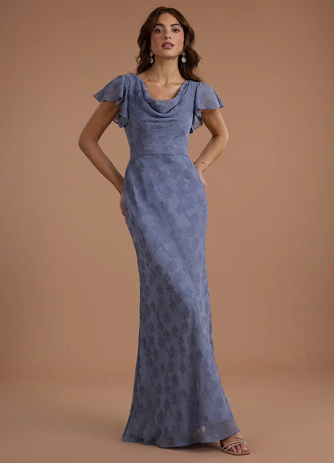 Dusty Blue Cowl Neck Flutter Sleeve Floral Mermaid Maxi Wedding Guest Dress