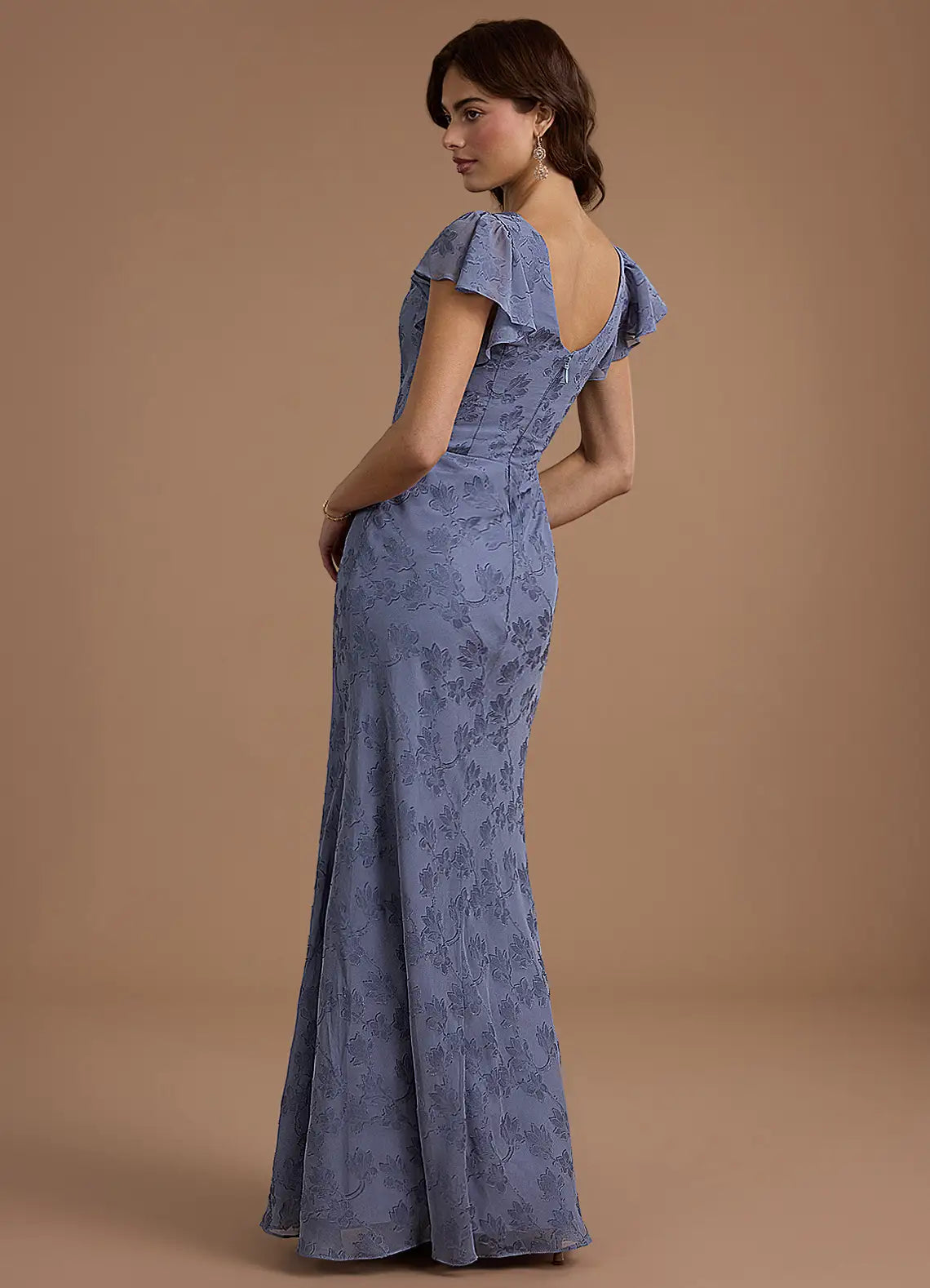 Dusty Blue Cowl Neck Flutter Sleeve Floral Mermaid Maxi Wedding Guest Dress
