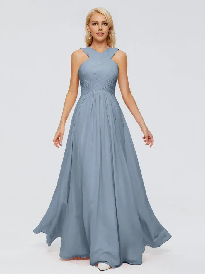 Dusty Blue Crisscross Halter Pleated Back Keyhole Floor Length A Line Chiffon Bridesmaid Dress