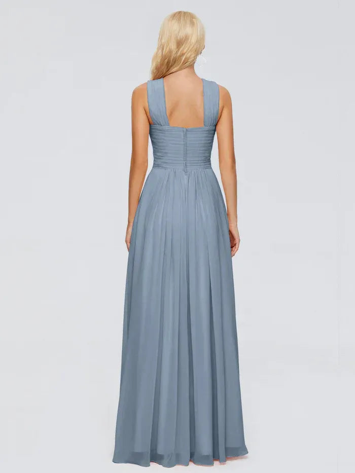 Dusty Blue Crisscross Halter Pleated Back Keyhole Floor Length A Line Chiffon Bridesmaid Dress