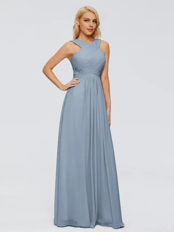 Dusty Blue Crisscross Halter Pleated Back Keyhole Floor Length A Line Chiffon Bridesmaid Dress