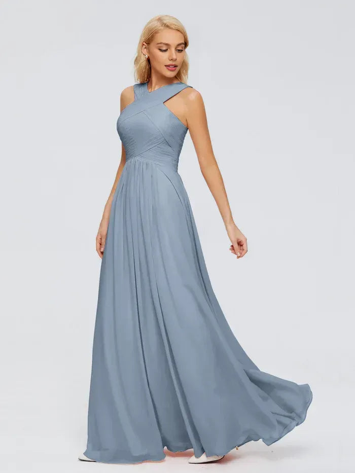 Dusty Blue Crisscross Halter Pleated Back Keyhole Floor Length A Line Chiffon Bridesmaid Dress