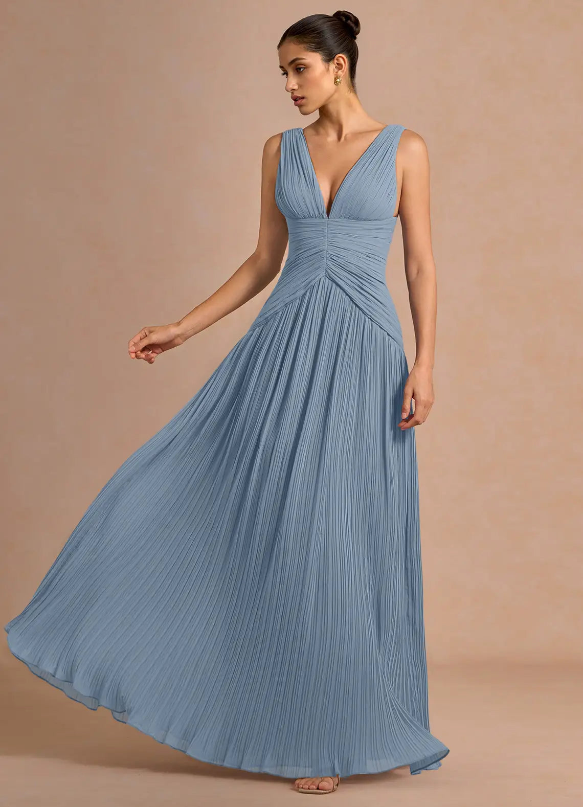 Dusty Blue Double Strap Deep V Pleated Chiffon Floor Bridesmaid Dress