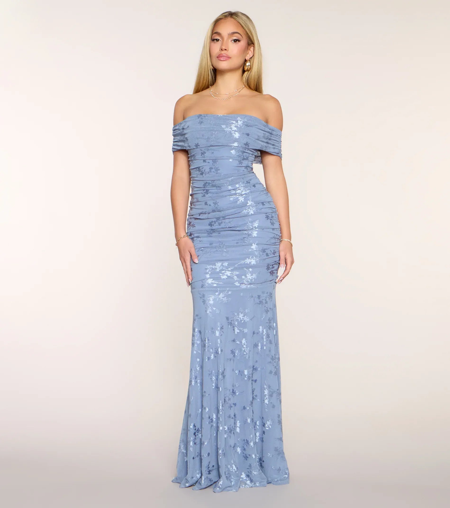 Dusty Blue Floral Mesh Off Shoulder Ruched Mermaid Floor Length Wedding Guest Dress