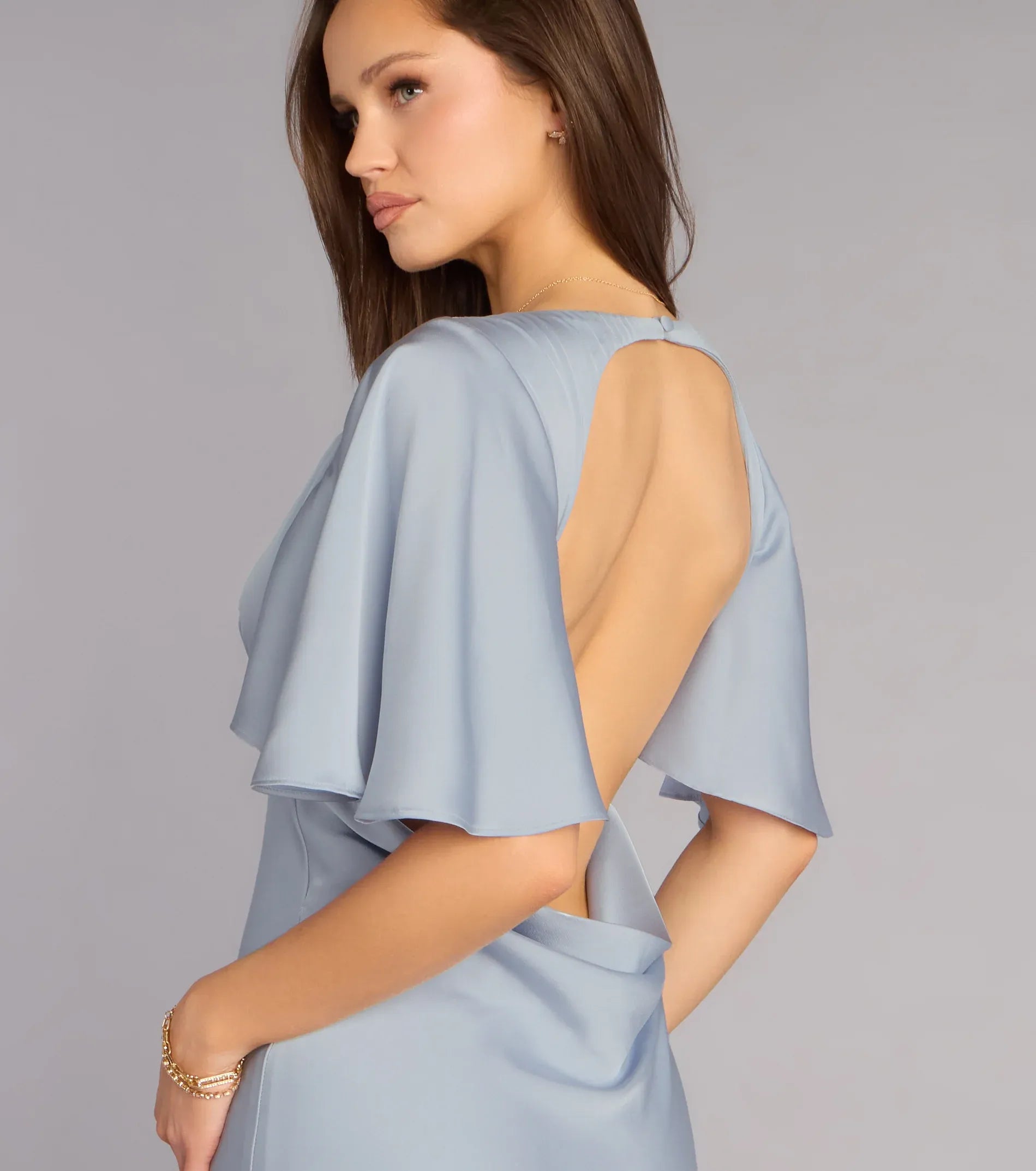 Dusty Blue Flutter Sleeve V-Neck Cutout Back Satin Mermaid Maxi Bridesmaid Dresses