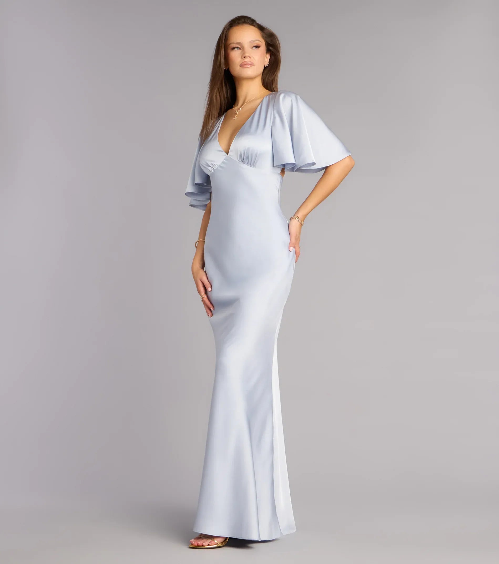 Dusty Blue Flutter Sleeve V-Neck Cutout Back Satin Mermaid Maxi Bridesmaid Dresses