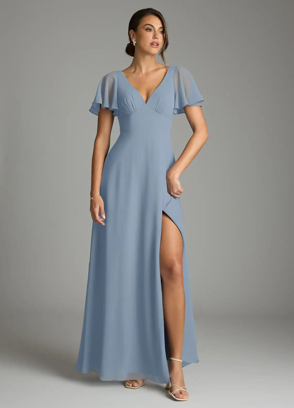 Dusty Blue Flutter Sleeve V Neck Keyhole Bow Back High Slit A Line Chiffon Maxi Bridesmaid Dress