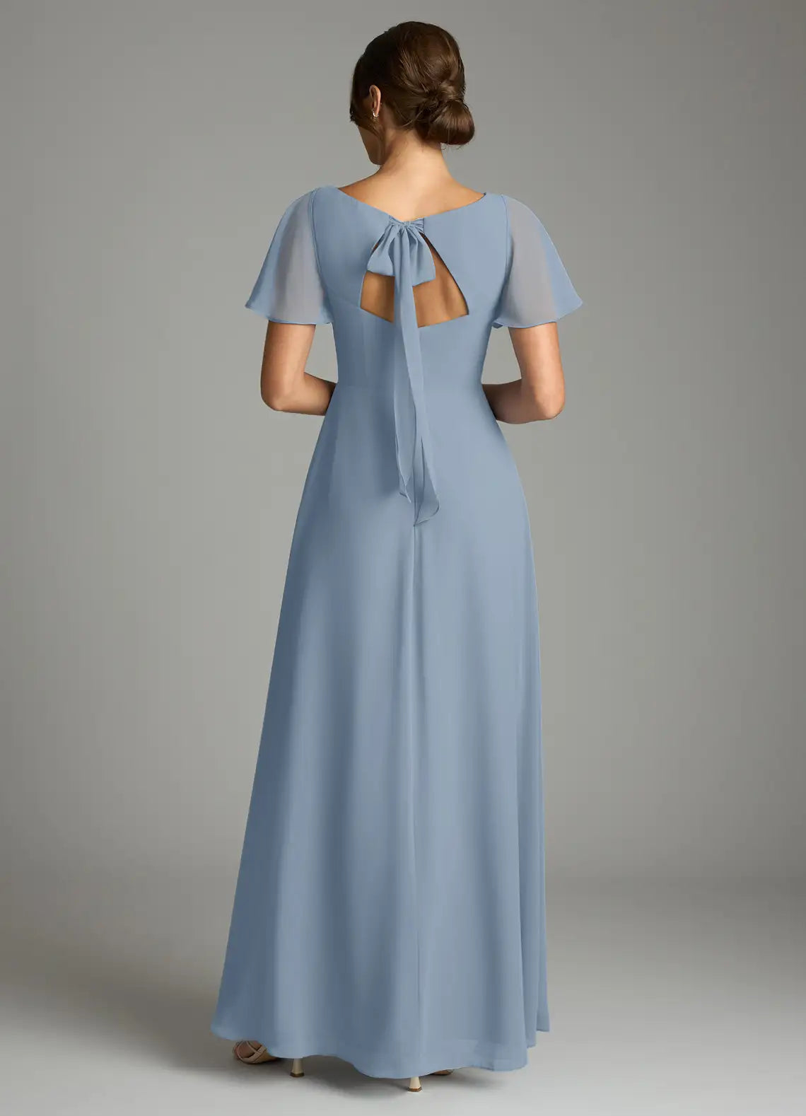 Dusty Blue Flutter Sleeve V Neck Keyhole Bow Back High Slit A Line Chiffon Maxi Bridesmaid Dress