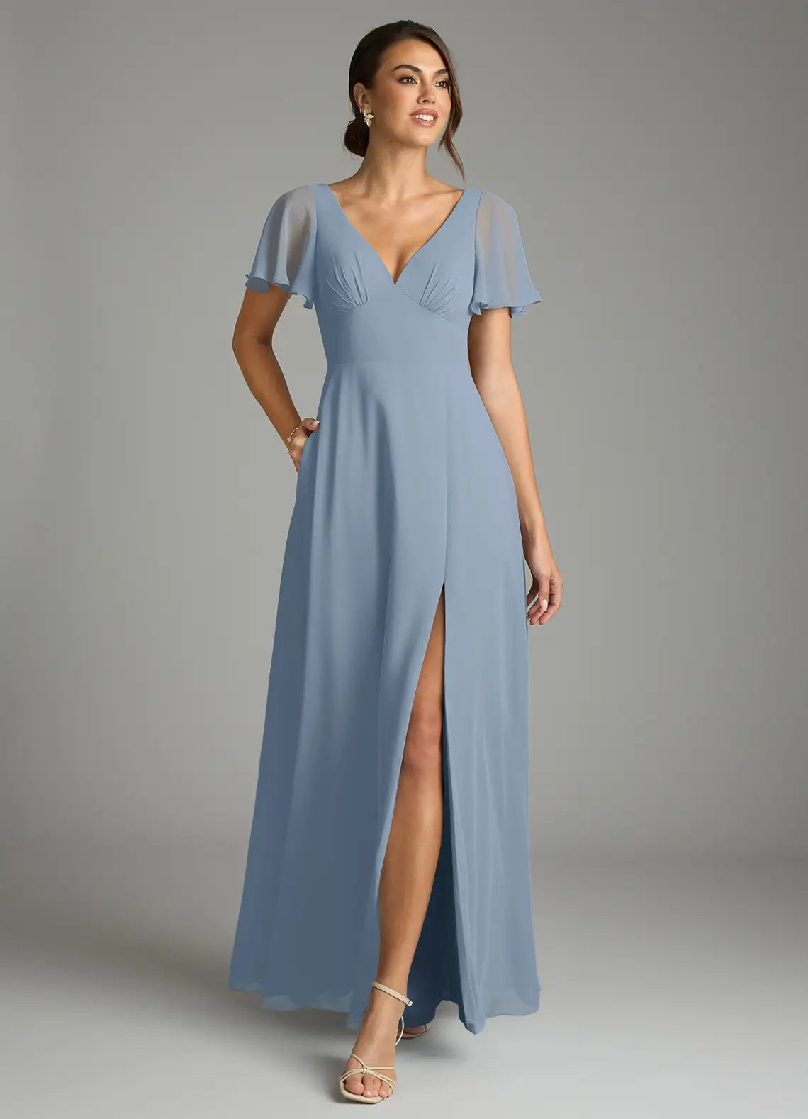 Dusty Blue Flutter Sleeve V Neck Keyhole Bow Back High Slit A Line Chiffon Maxi Bridesmaid Dress