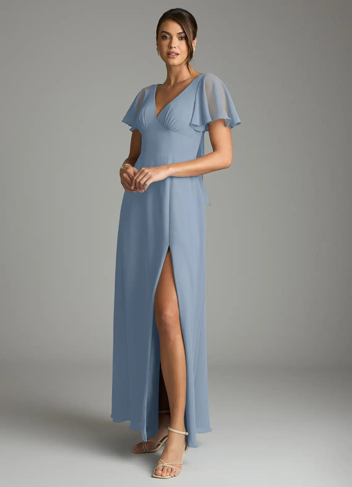 Dusty Blue Flutter Sleeve V Neck Keyhole Bow Back High Slit A Line Chiffon Maxi Bridesmaid Dress