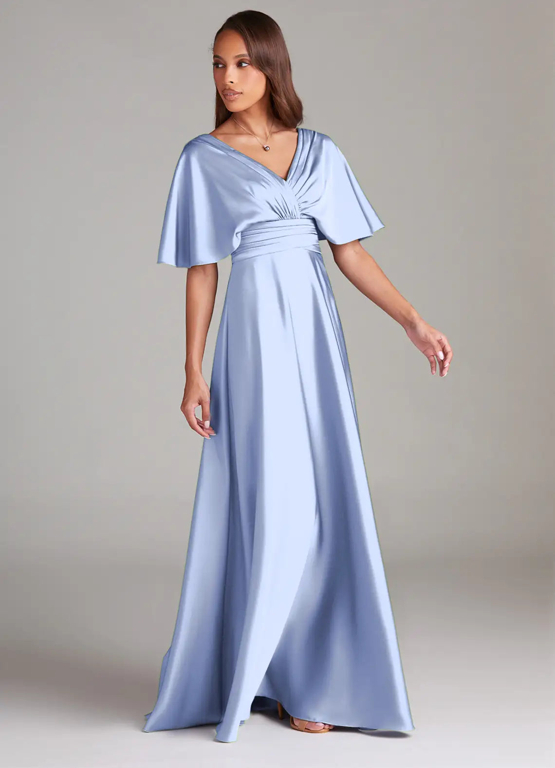 Dusty Blue Flutter Sleeve V Neck Ruched Low V Back A Line Maxi Satin Bridesmaid Dress