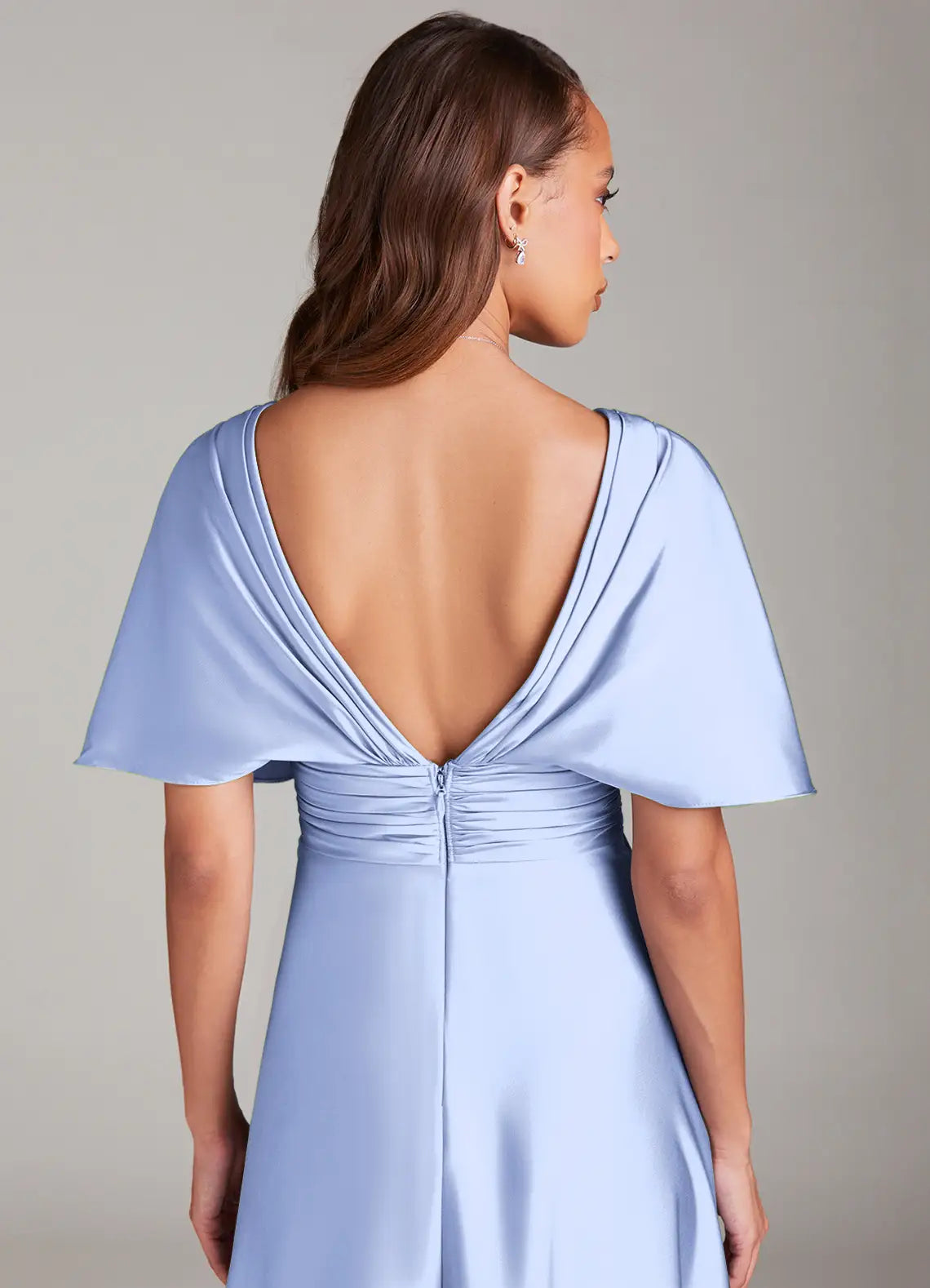 Dusty Blue Flutter Sleeve V Neck Ruched Low V Back A Line Maxi Satin Bridesmaid Dress