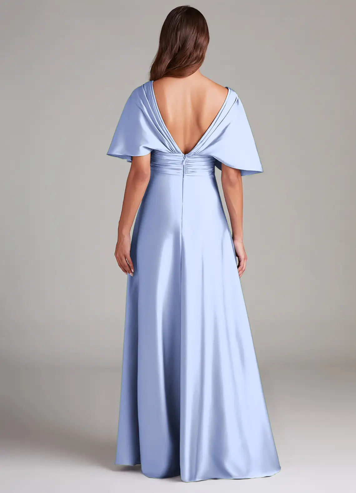 Dusty Blue Flutter Sleeve V Neck Ruched Low V Back A Line Maxi Satin Bridesmaid Dress