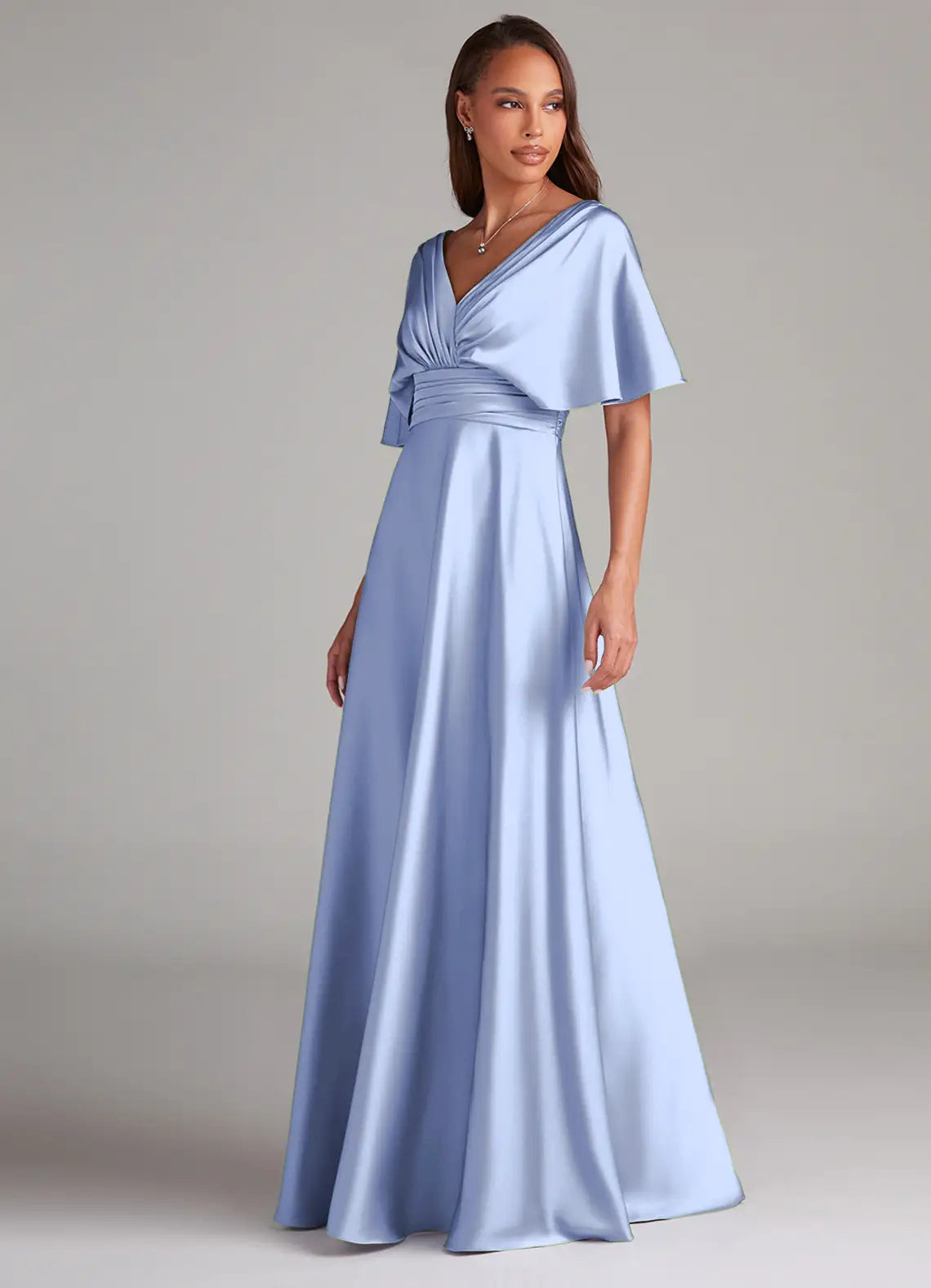 Dusty Blue Flutter Sleeve V Neck Ruched Low V Back A Line Maxi Satin Bridesmaid Dress
