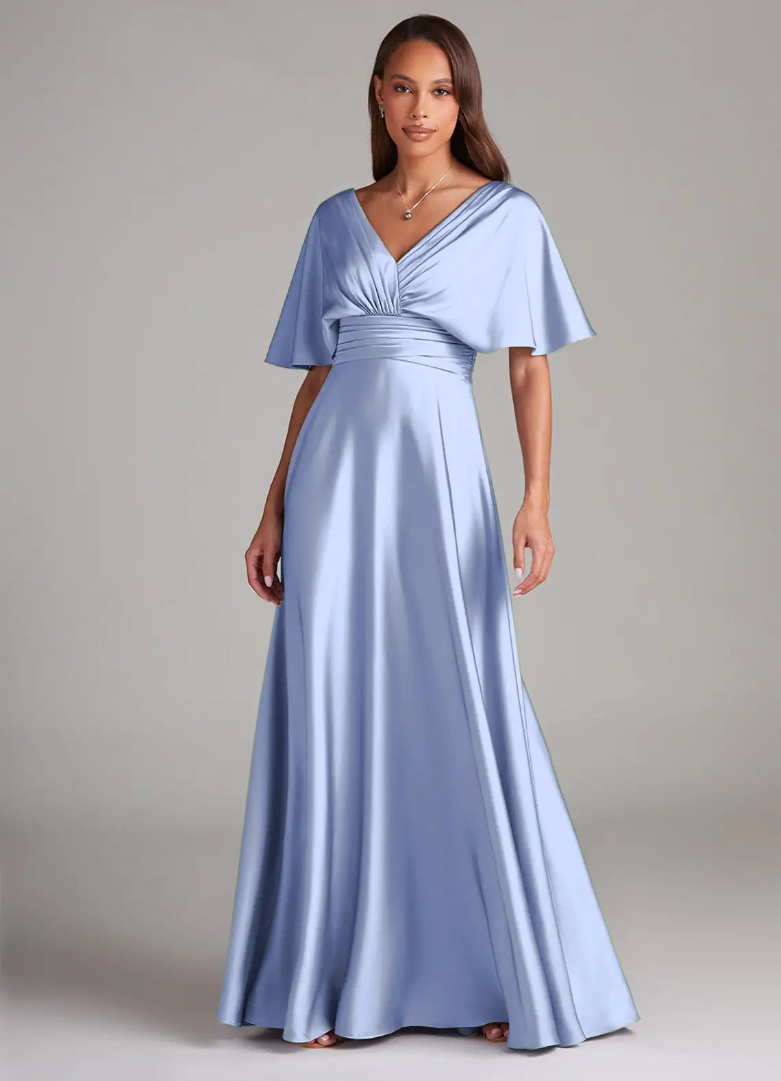 Dusty Blue Flutter Sleeve V Neck Ruched Low V Back A Line Maxi Satin Bridesmaid Dress