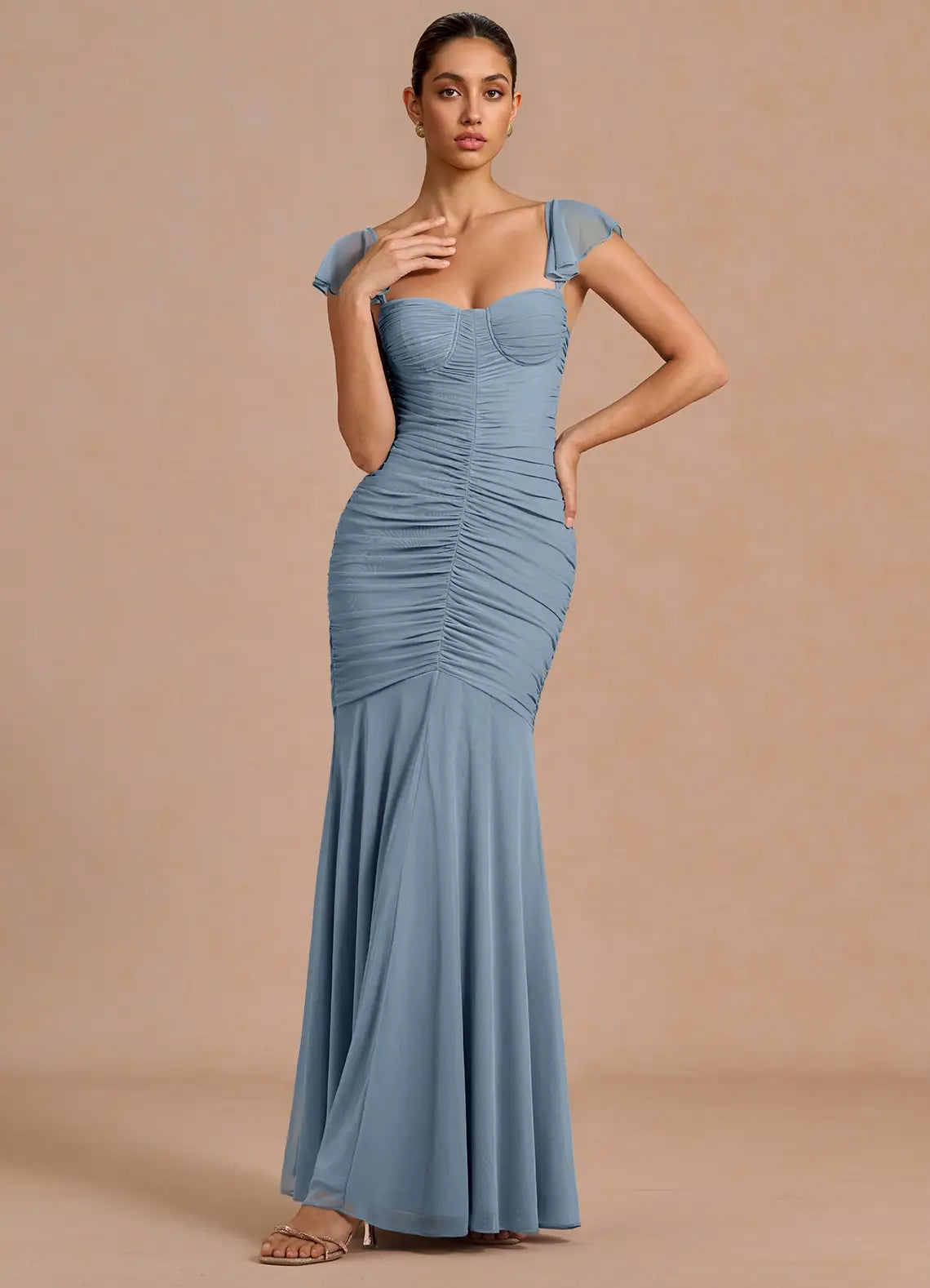 Dusty Blue Flutter Strap Sweetheart Full Ruched Mesh Mermaid Maxi Bridesmaid Dress