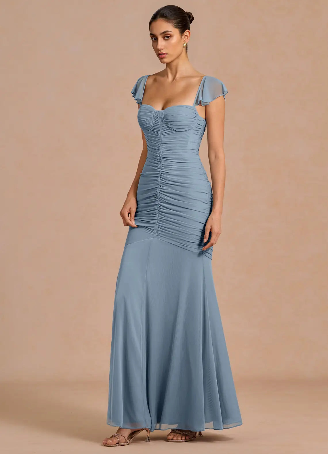 Dusty Blue Flutter Strap Sweetheart Full Ruched Mesh Mermaid Maxi Bridesmaid Dress