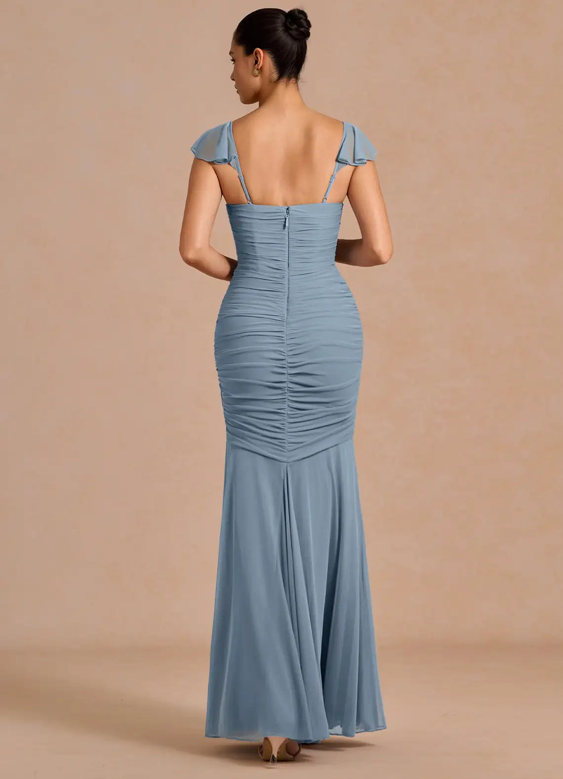 Dusty Blue Flutter Strap Sweetheart Full Ruched Mesh Mermaid Maxi Bridesmaid Dress