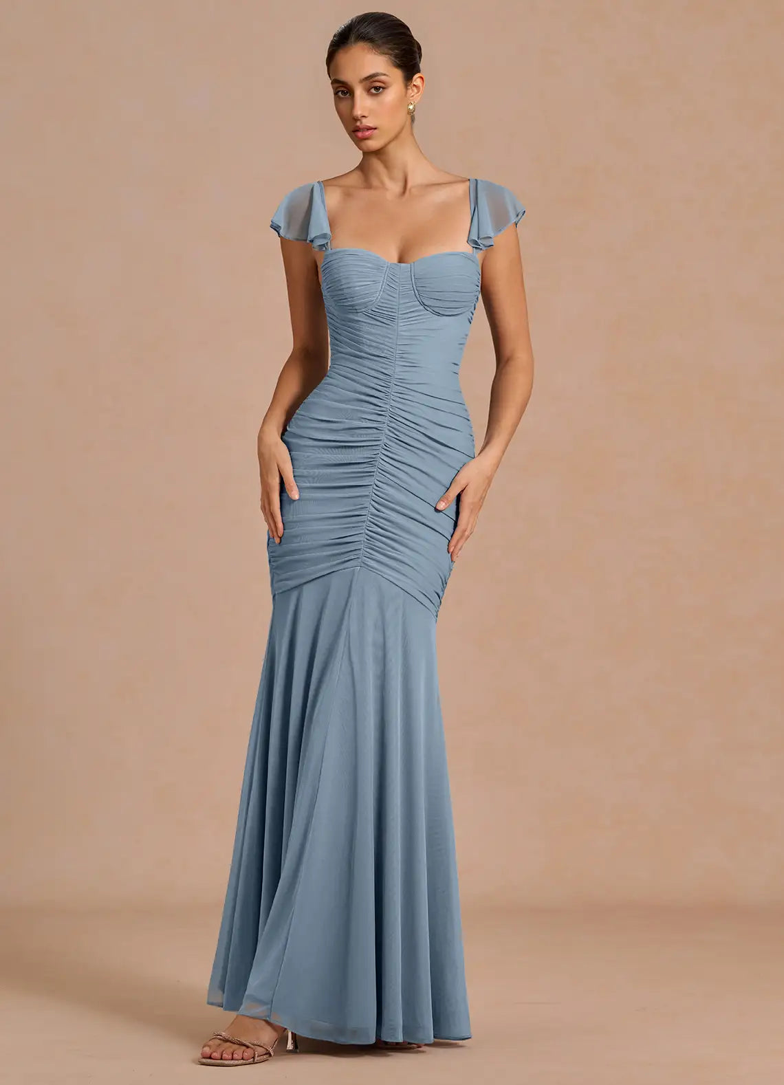 Dusty Blue Flutter Strap Sweetheart Full Ruched Mesh Mermaid Maxi Bridesmaid Dress