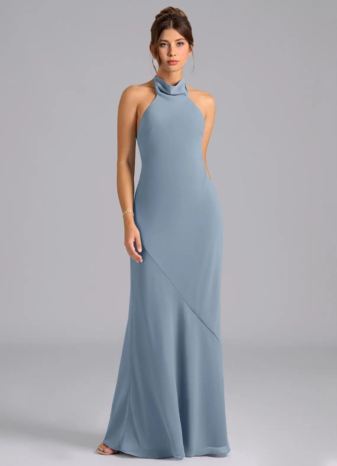 Dusty Blue Halter Cowl Bow Tie Back Mermaid Chiffon Maxi Bridesmaid Dress