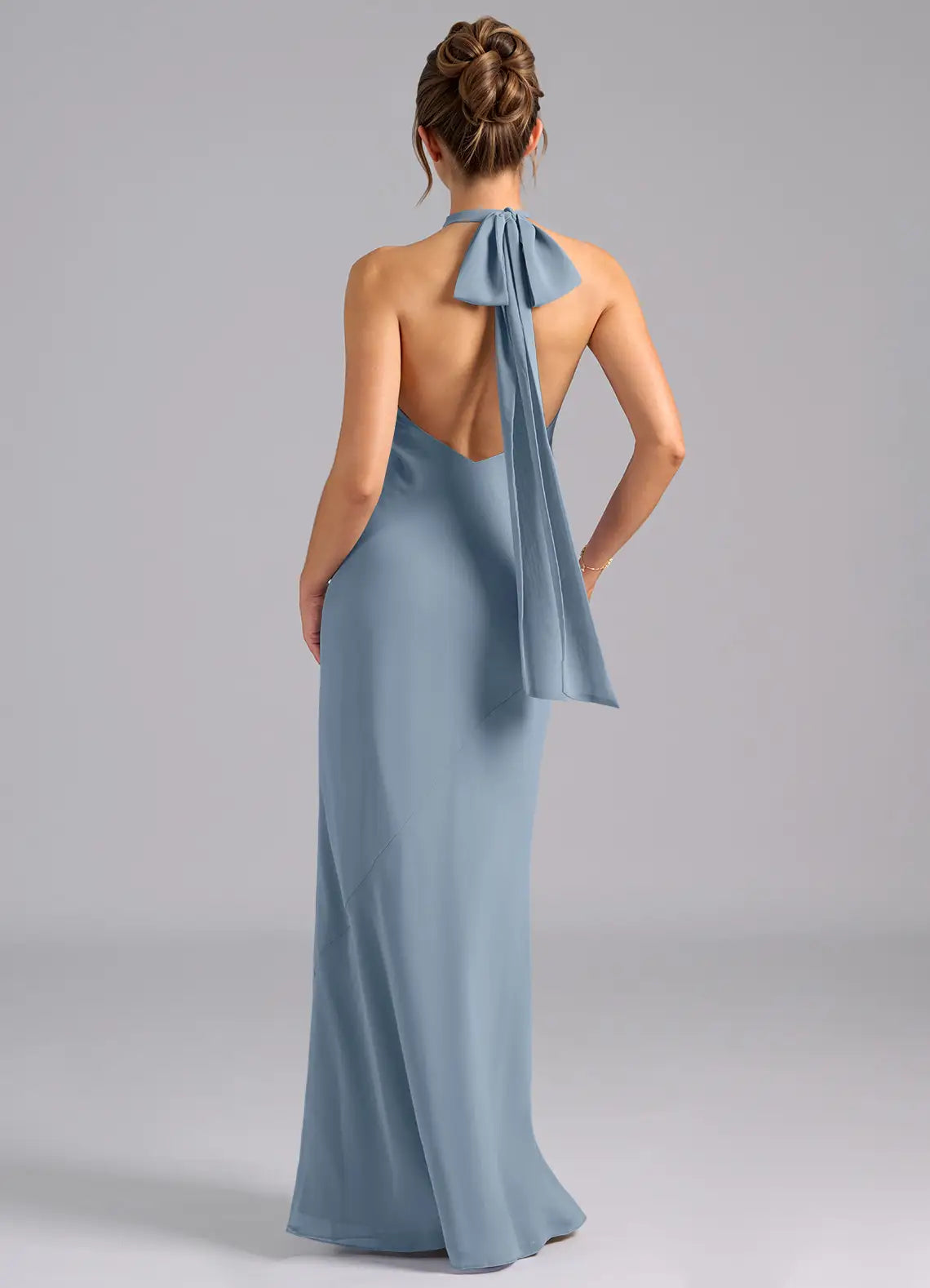 Dusty Blue Halter Cowl Bow Tie Back Mermaid Chiffon Maxi Bridesmaid Dress