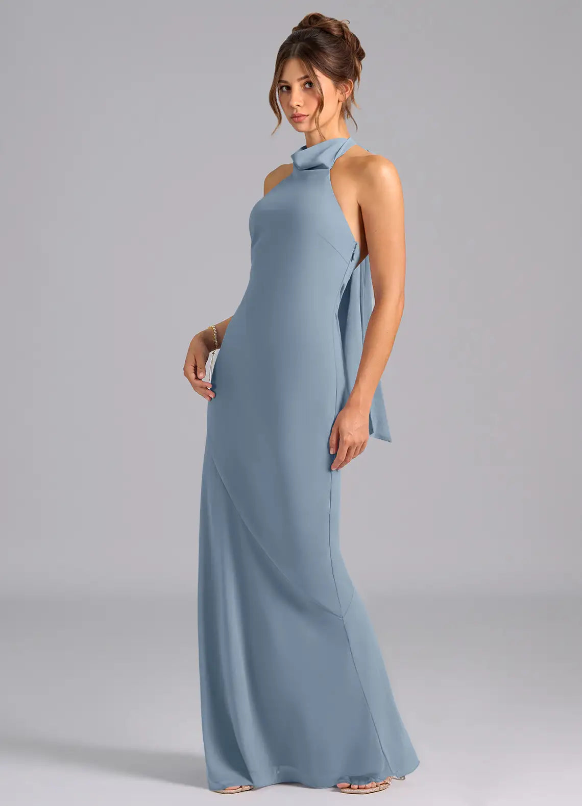 Dusty Blue Halter Cowl Bow Tie Back Mermaid Chiffon Maxi Bridesmaid Dress