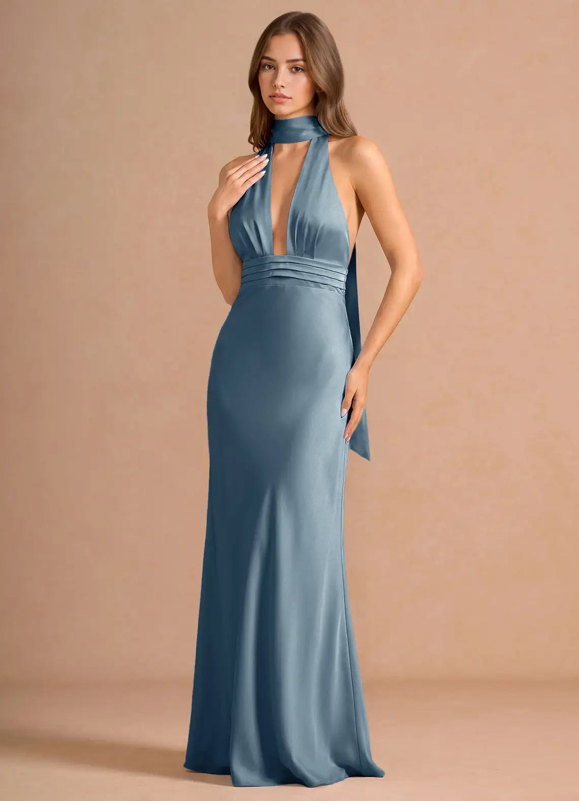 Dusty Blue Halter Deep V Open Back Sash Satin Mermaid Maxi Wedding Guest Dress