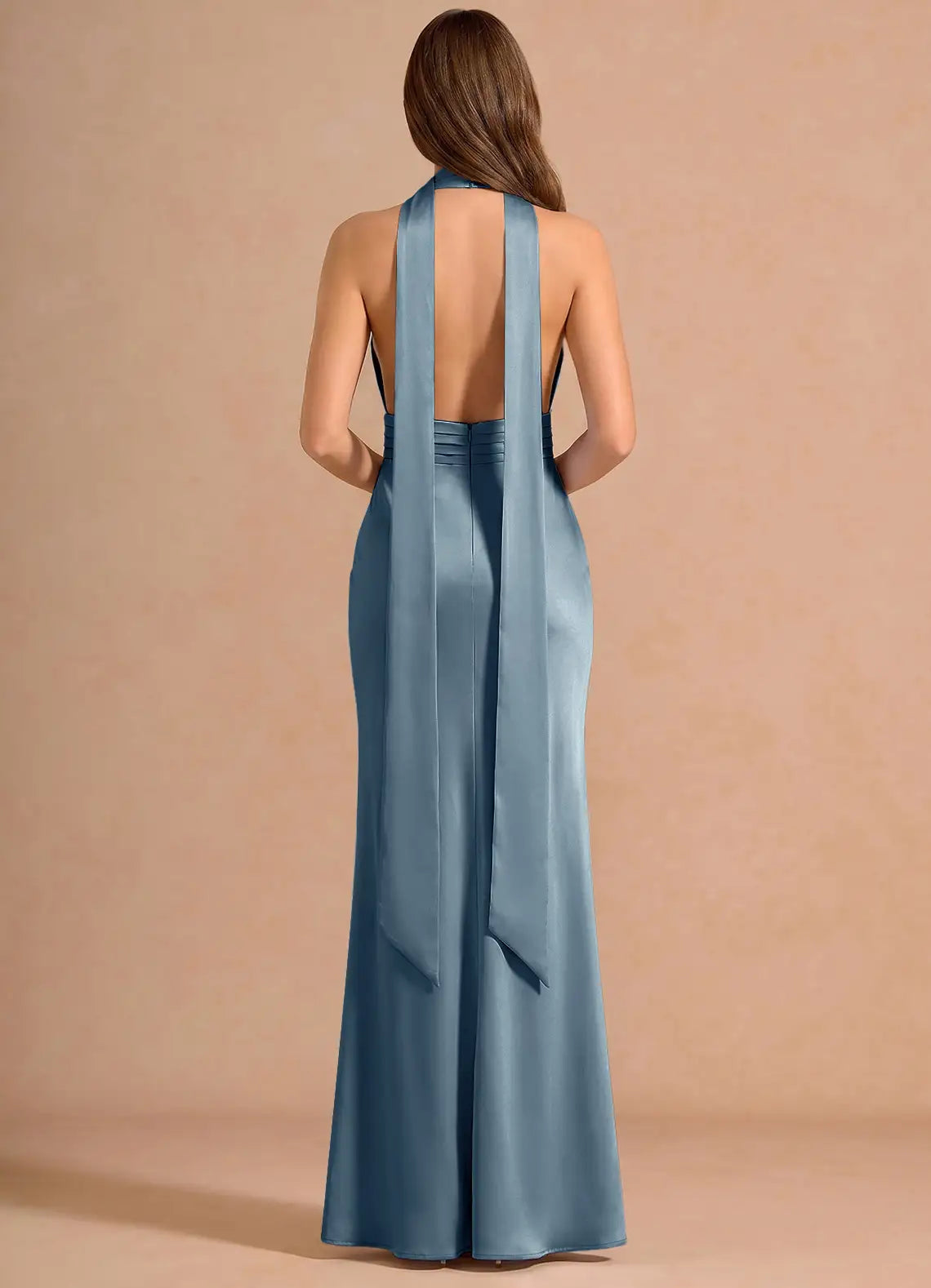 Dusty Blue Halter Deep V Open Back Sash Satin Mermaid Maxi Wedding Guest Dress