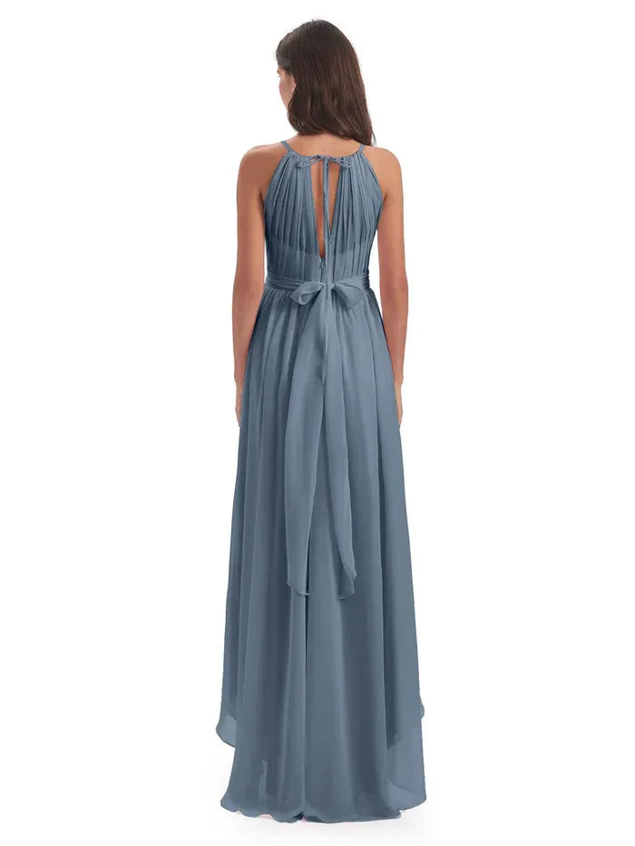 Dusty Blue Halter Keyhole Back Tie Waist High Low Chiffon Bridesmaid Dress
