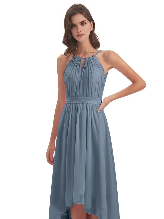 Dusty Blue Halter Keyhole Back Tie Waist High Low Chiffon Bridesmaid Dress