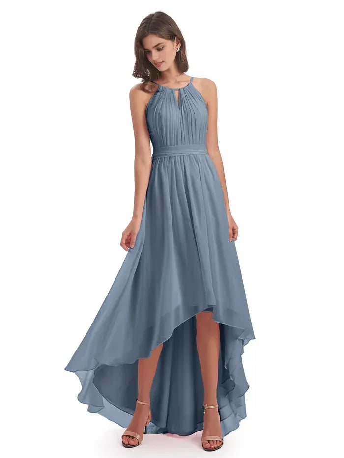 Dusty Blue Halter Keyhole Back Tie Waist High Low Chiffon Bridesmaid Dress