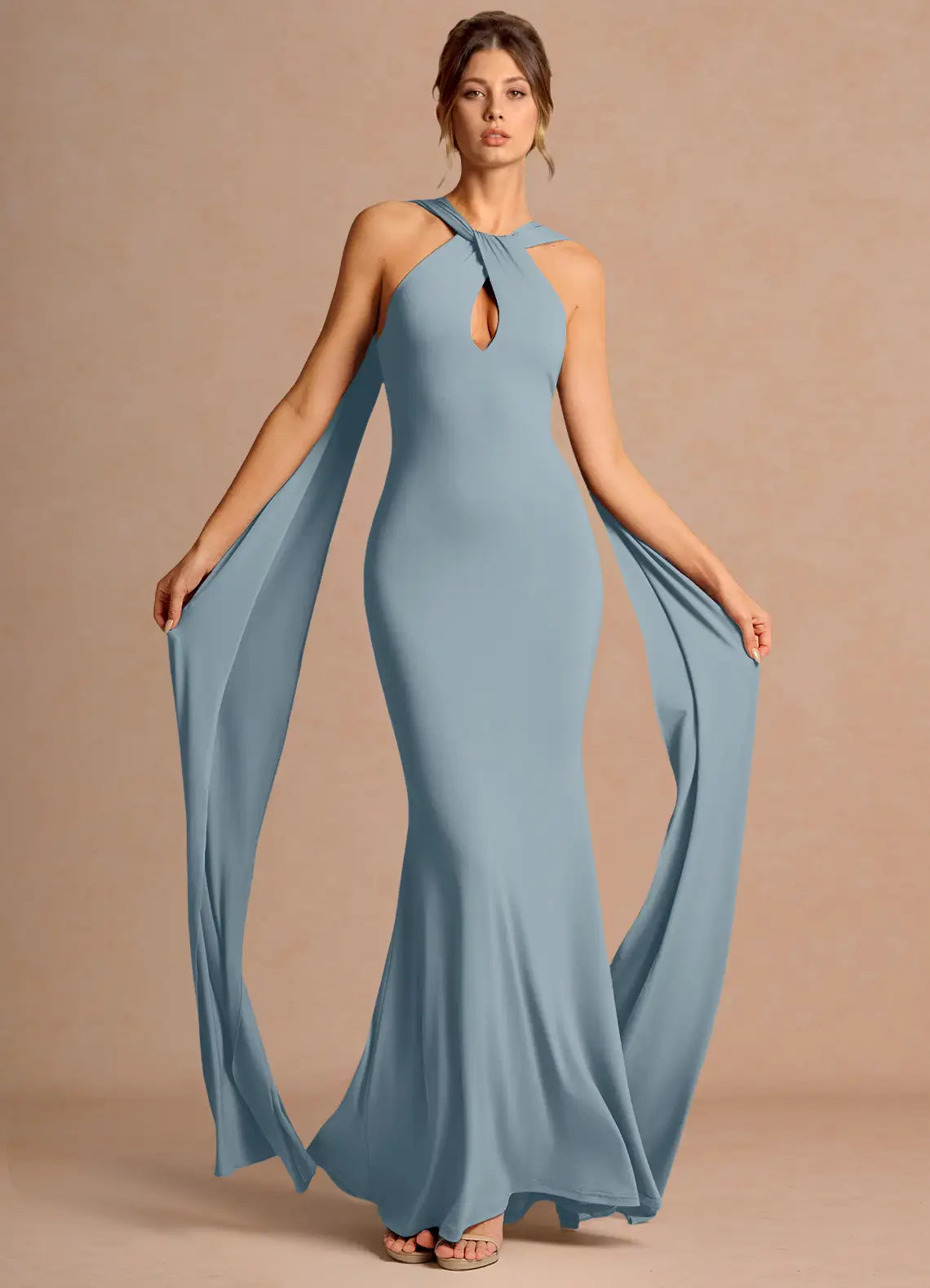 Dusty Blue Halter Keyhole Cape Drape Mermaid Maxi Wedding Guest Dress