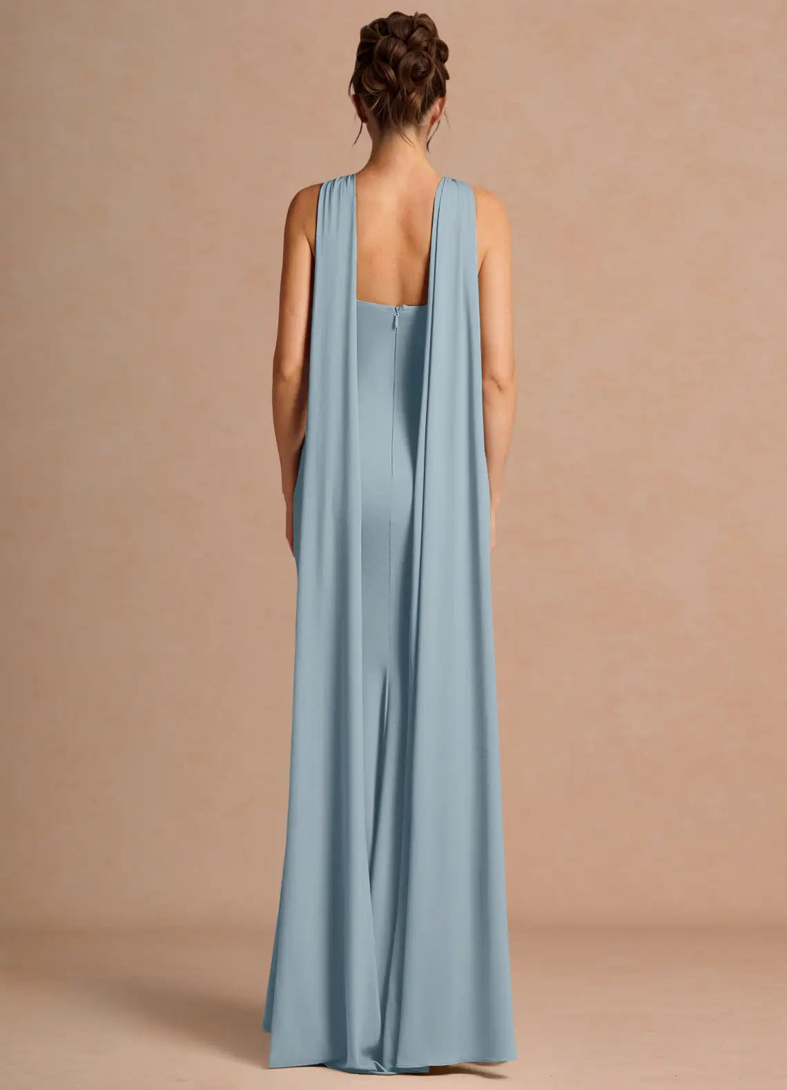 Dusty Blue Halter Keyhole Cape Drape Mermaid Maxi Wedding Guest Dress