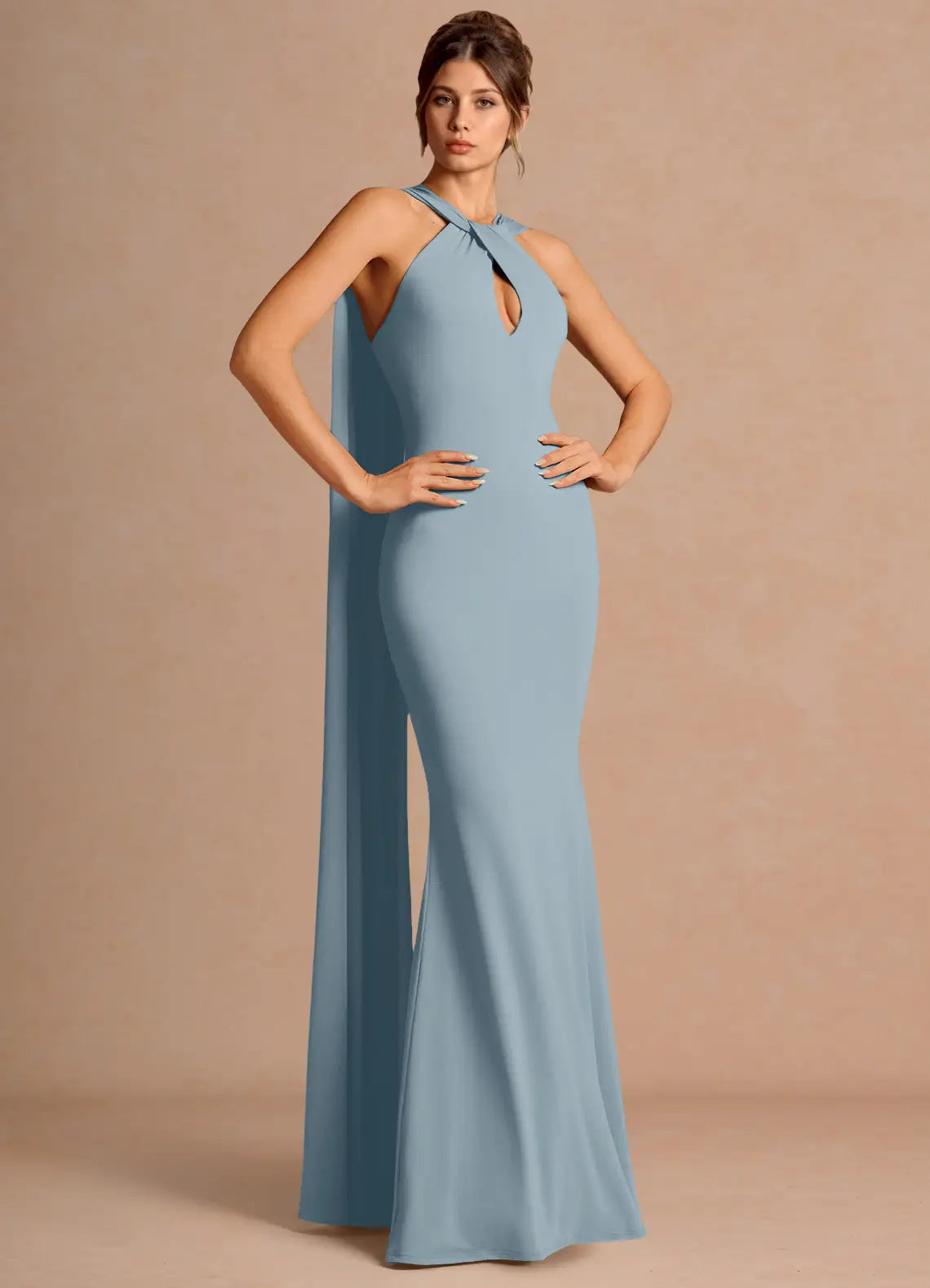 Dusty Blue Halter Keyhole Cape Drape Mermaid Maxi Wedding Guest Dress