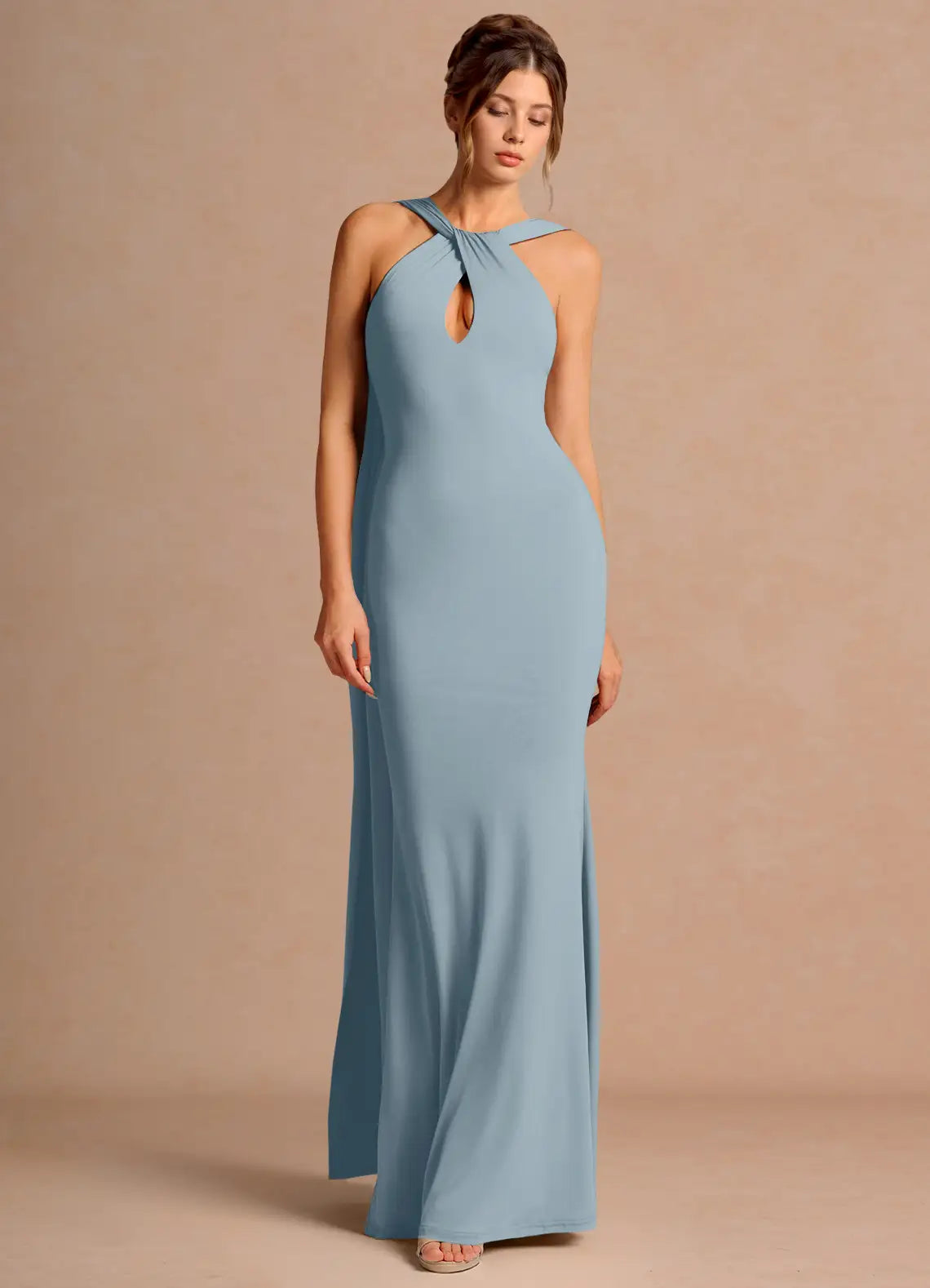 Dusty Blue Halter Keyhole Cape Drape Mermaid Maxi Wedding Guest Dress