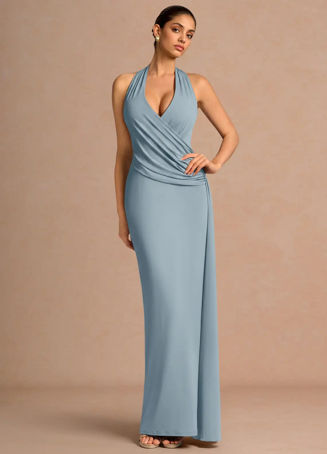 Dusty Blue Halter Wrap Ruched Trailing Sash Mermaid Maxi Bridesmaid Dress
