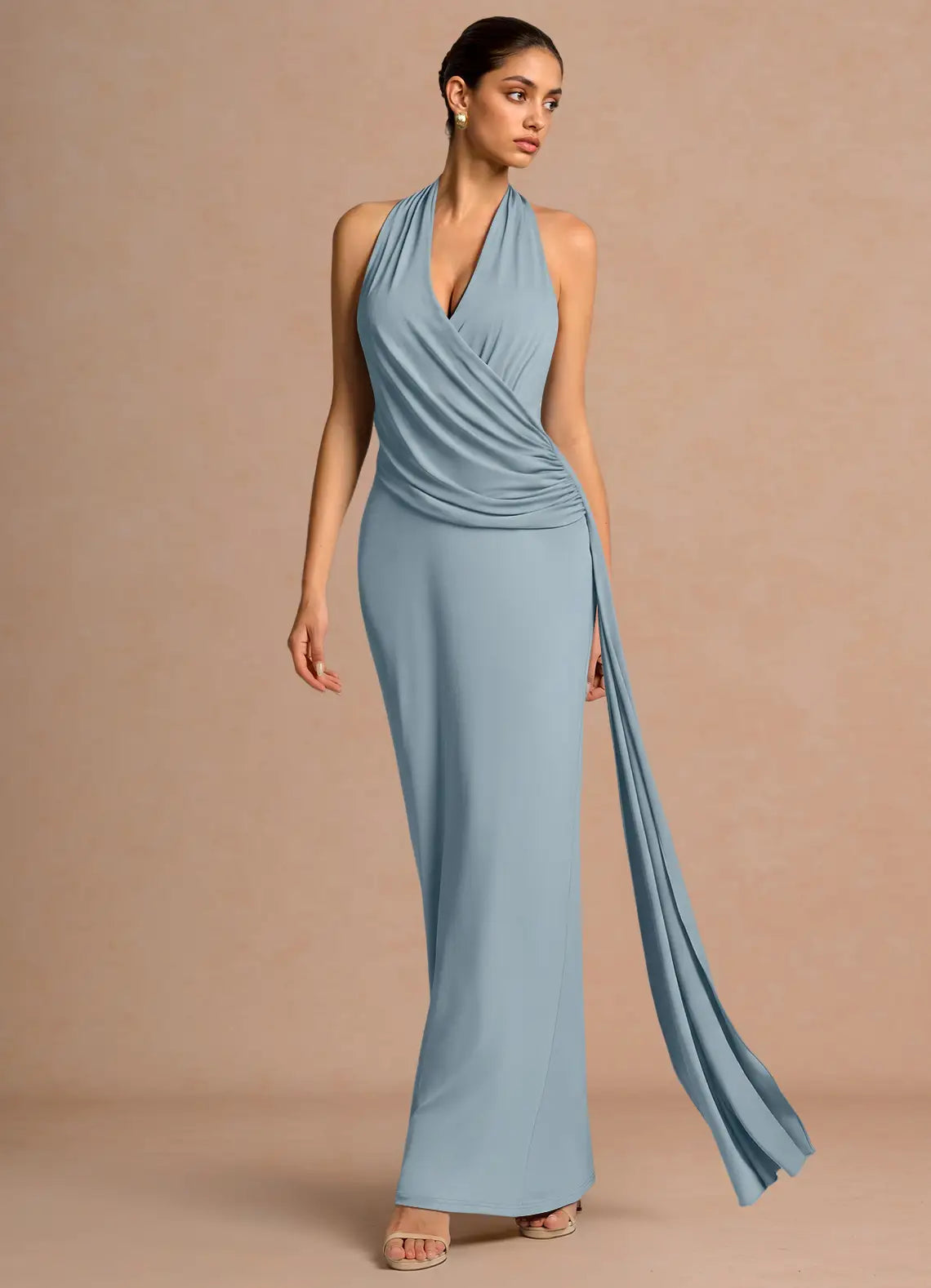 Dusty Blue Halter Wrap Ruched Trailing Sash Mermaid Maxi Bridesmaid Dress