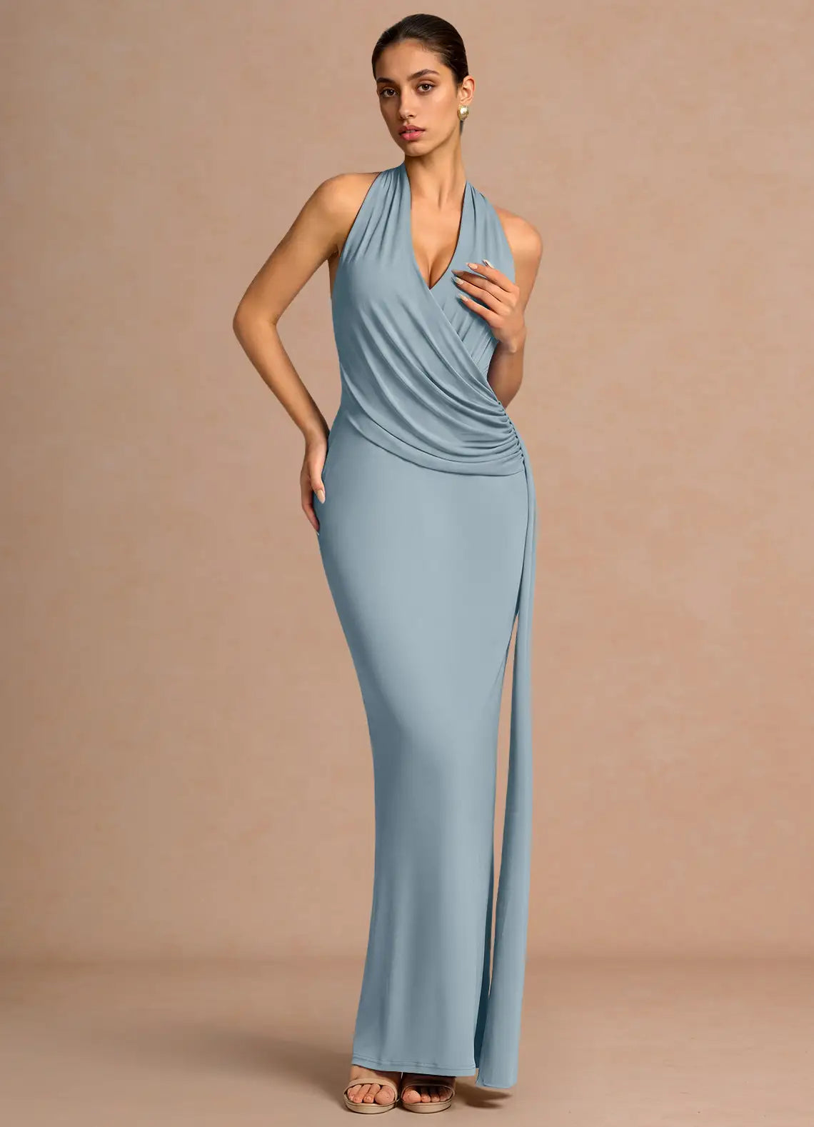 Dusty Blue Halter Wrap Ruched Trailing Sash Mermaid Maxi Bridesmaid Dress