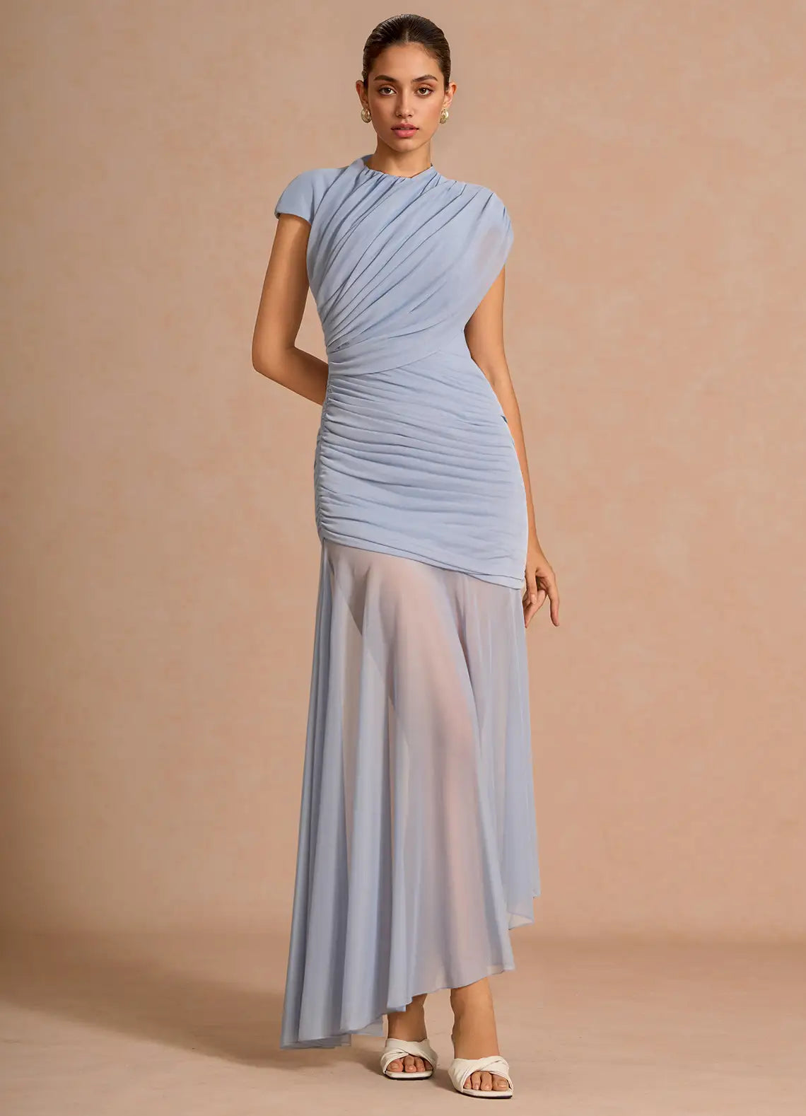 Dusty Blue High Neck Cap Sleeve Cross Ruched Asymmetrical Chiffon Maxi Wedding Guest Dress