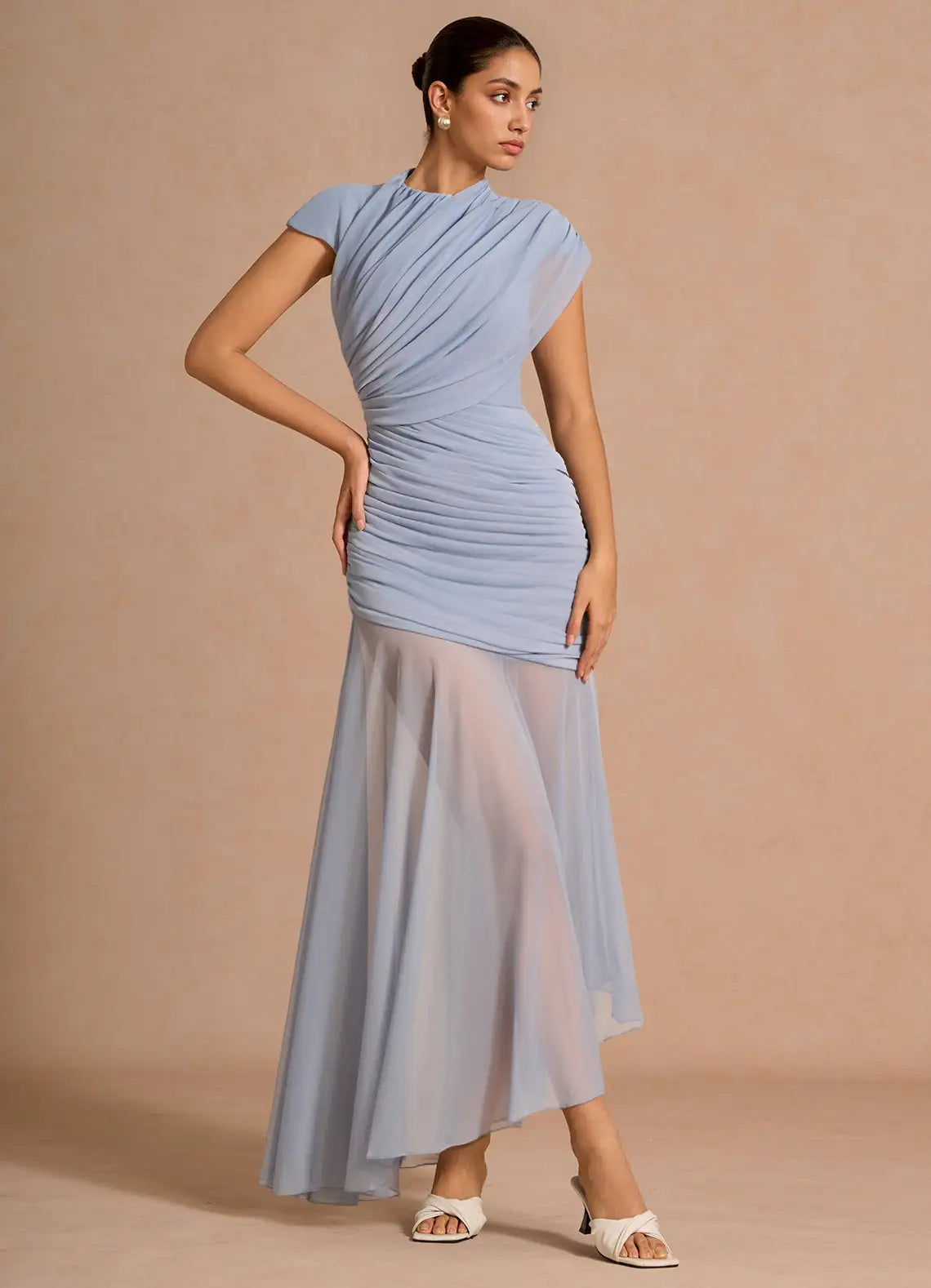 Dusty Blue High Neck Cap Sleeve Cross Ruched Asymmetrical Chiffon Maxi Wedding Guest Dress