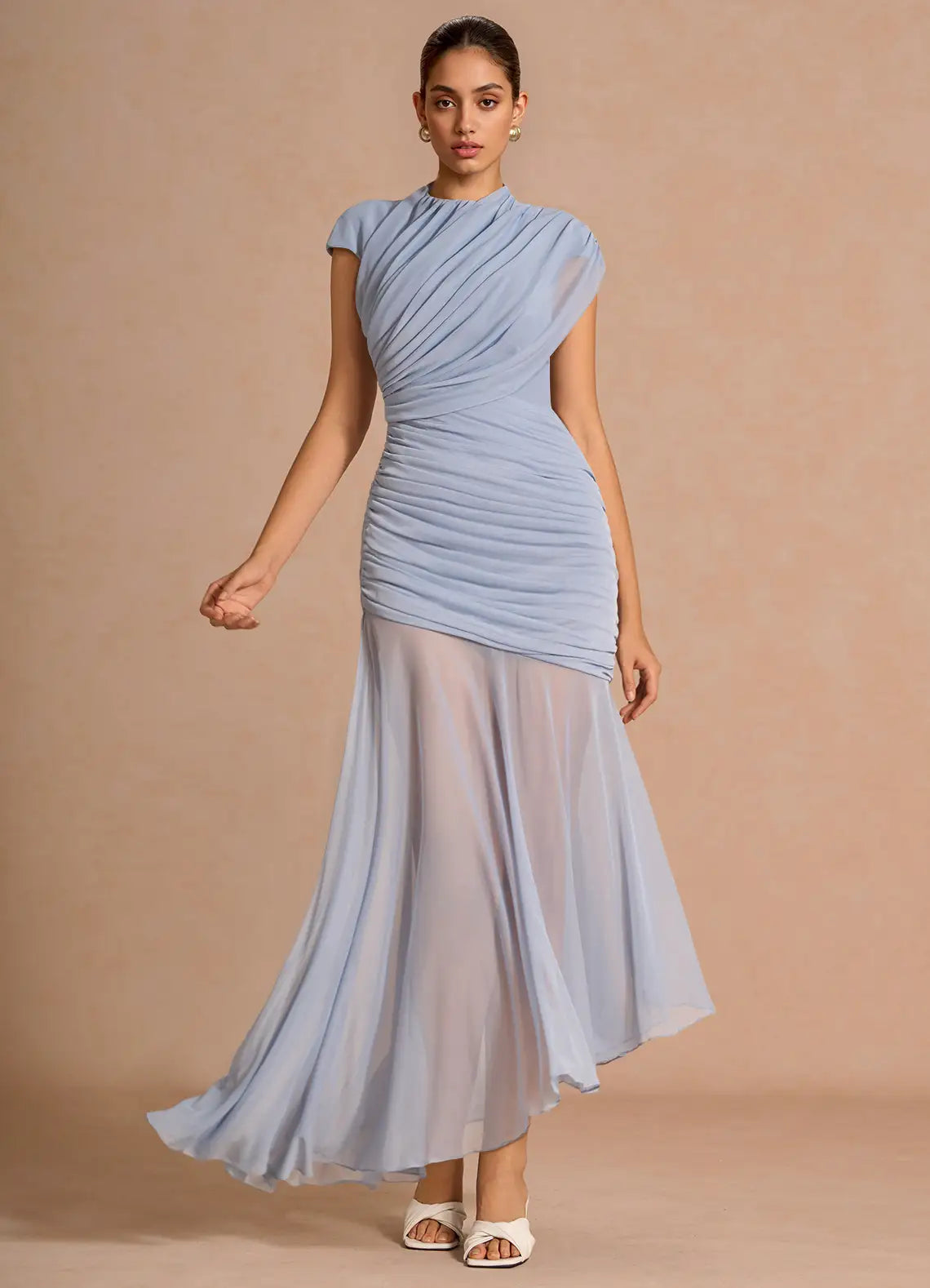 Dusty Blue High Neck Cap Sleeve Cross Ruched Asymmetrical Chiffon Maxi Wedding Guest Dress