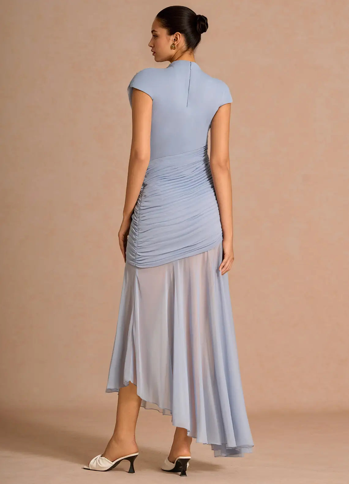 Dusty Blue High Neck Cap Sleeve Cross Ruched Asymmetrical Chiffon Maxi Wedding Guest Dress