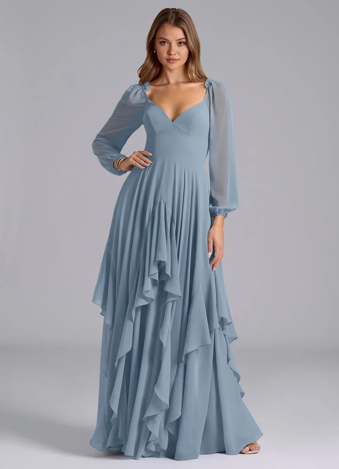 Dusty Blue Long Sleeve Sweetheart Asymmetrical Ruffle A-Line Maxi Wedding Guest Dress