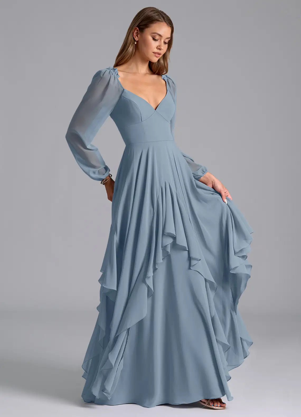 Dusty Blue Long Sleeve Sweetheart Asymmetrical Ruffle A-Line Maxi Wedding Guest Dress