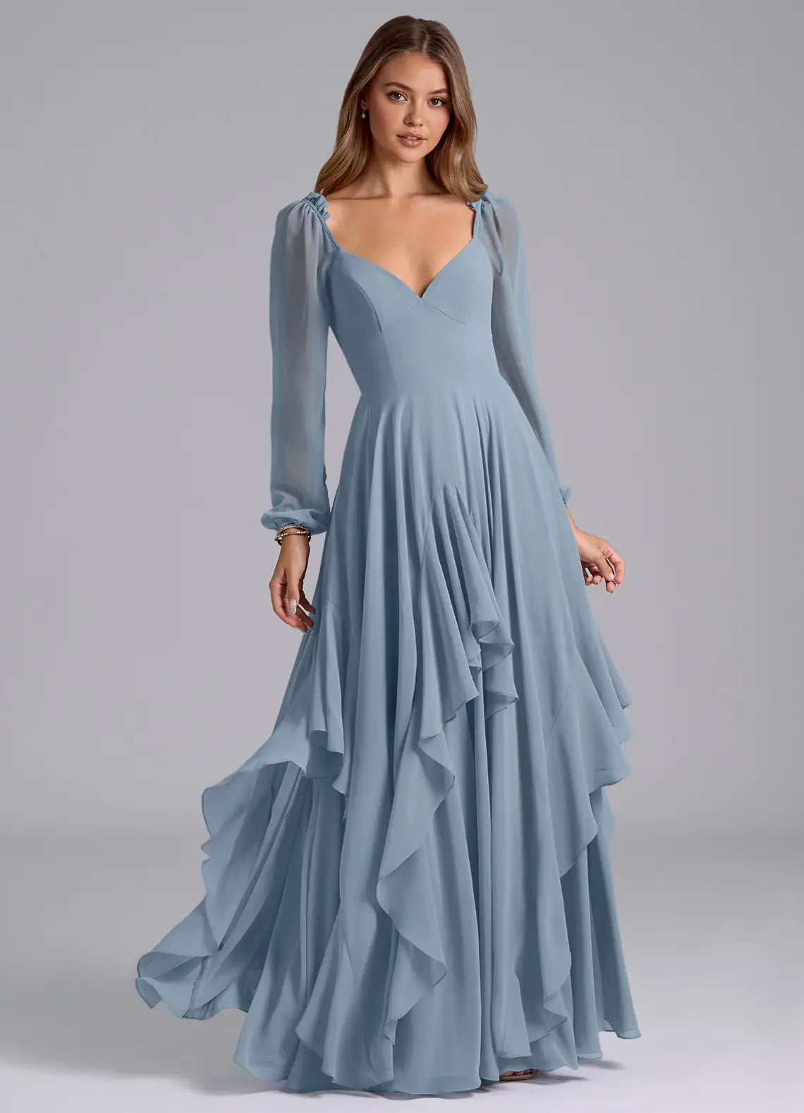 Dusty Blue Long Sleeve Sweetheart Asymmetrical Ruffle A-Line Maxi Wedding Guest Dress