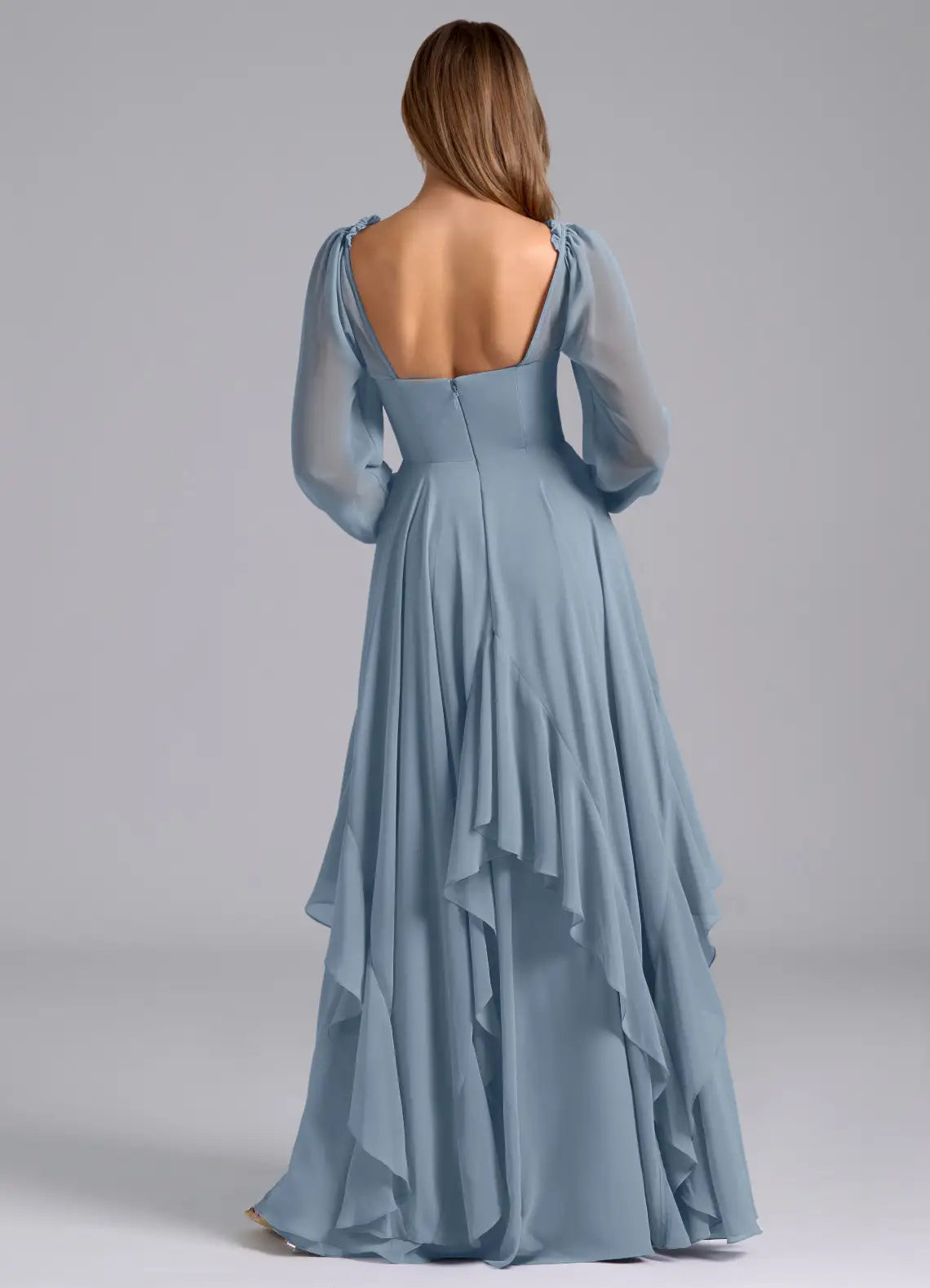 Dusty Blue Long Sleeve Sweetheart Asymmetrical Ruffle A-Line Maxi Wedding Guest Dress