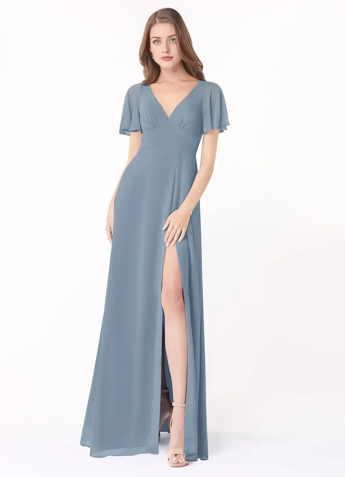 Dusty Blue V Neck Flutter Short Sleeve Back Tie Keyhole High Slit Floor Length A Line Chiffon Bridesmaid Dress